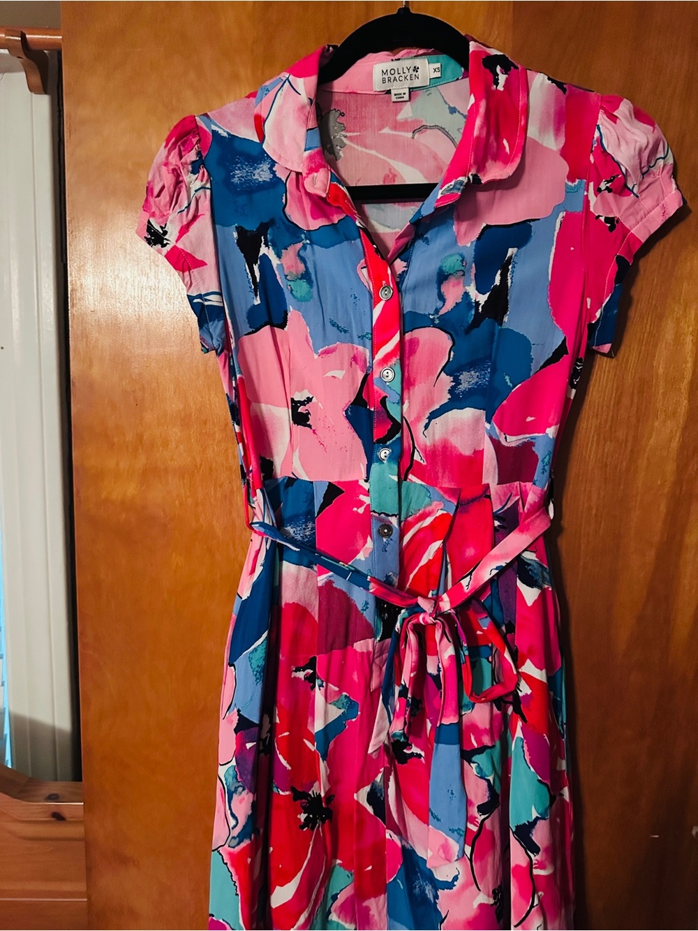 Molly Bracken Pink, Blue & Teal Abstract Floral Midi Dress